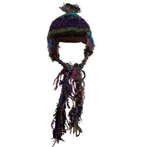 Handcrafted Style Textured Knit Earflap Hat Multi-Yarn Tassel Beanie Funky Boho